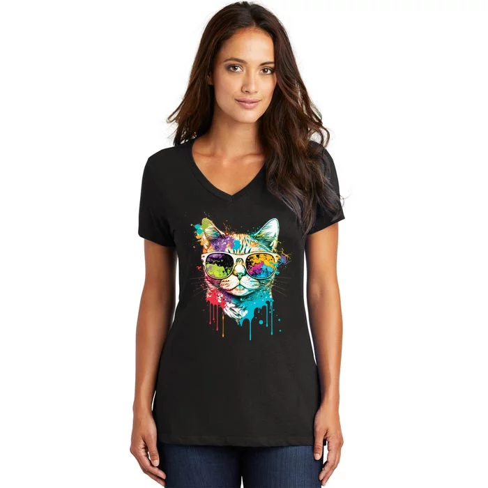 Cute Cat Motif Pop Art Cat Women's V-Neck T-Shirt