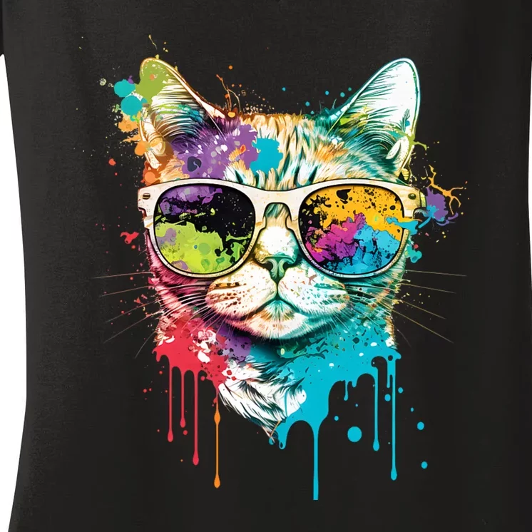 Cute Cat Motif Pop Art Cat Women's V-Neck T-Shirt