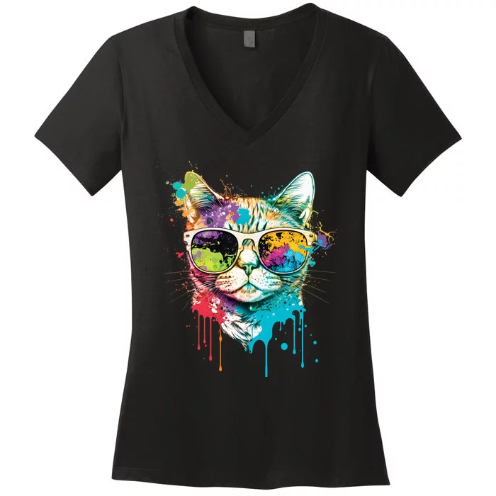 Cute Cat Motif Pop Art Cat Women's V-Neck T-Shirt