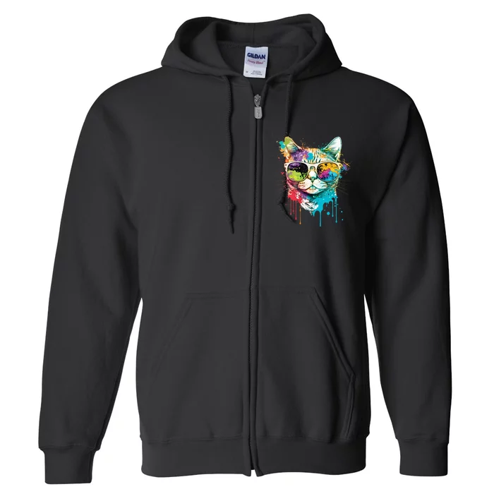 Cute Cat Motif Pop Art Cat Full Zip Hoodie