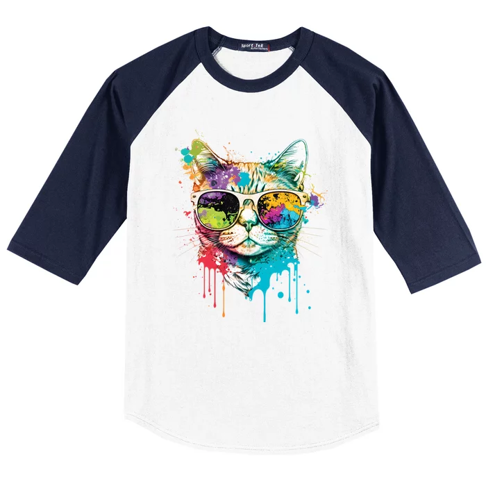 Cute Cat Motif Pop Art Cat Baseball Sleeve Shirt