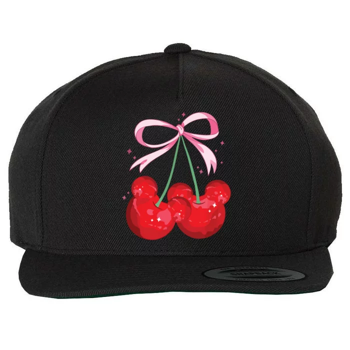 Coquette Cherry Mouse Ears Bow Princess Theme Park Wool Snapback Cap