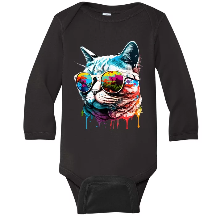 Cute Cat Motif Pop Art Cat Baby Long Sleeve Bodysuit