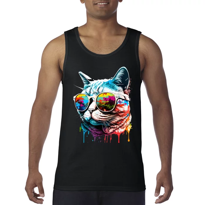 Cute Cat Motif Pop Art Cat Tank Top