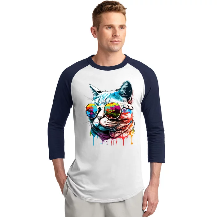 Cute Cat Motif Pop Art Cat Baseball Sleeve Shirt