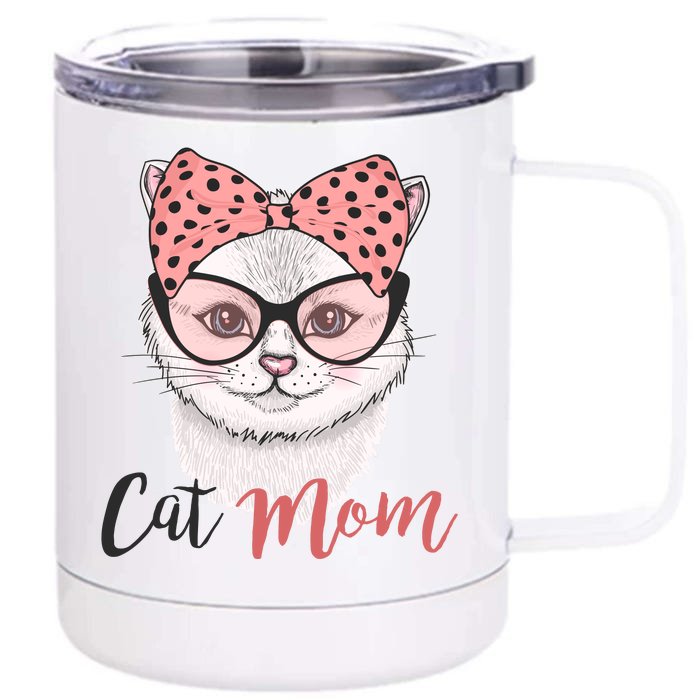 Cute Cat Mom Polka Dot Bow Bandana Front & Back 12oz Stainless Steel Tumbler Cup