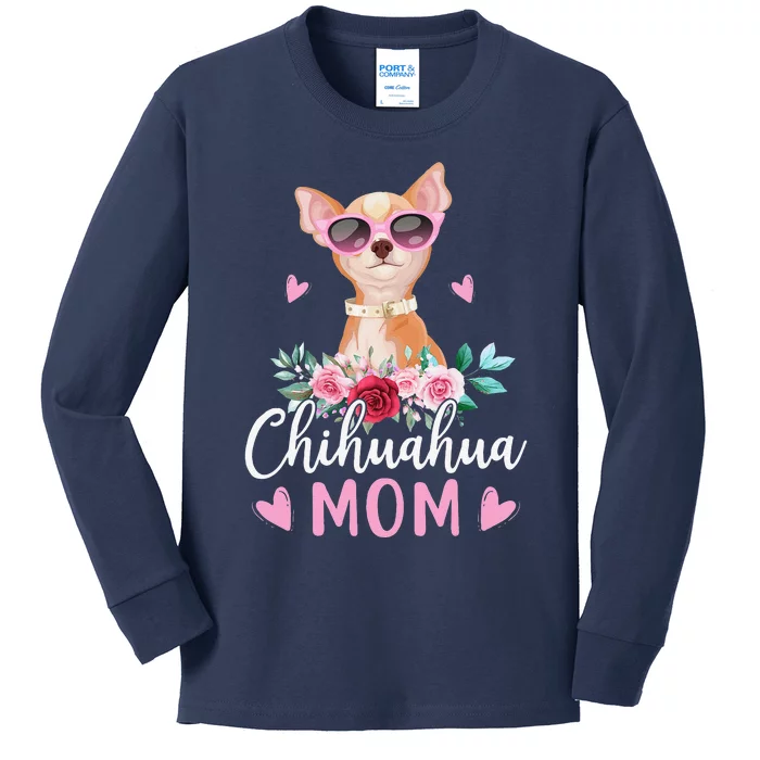 Cute Chihuahua Mom Sunglasses Flower For Chihuahua Owner Kids Long Sleeve Shirt