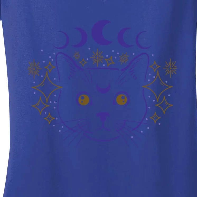 Celestial Cat Moon Phases Anime Witch Whimsigoth Aesthetic Meaningful Gift Women's V-Neck T-Shirt