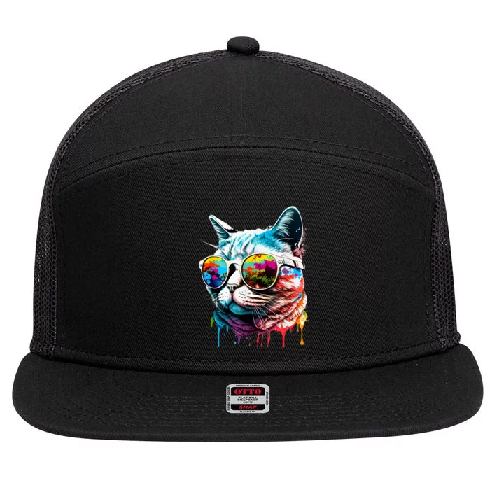 Cute Cat Motif Pop Art Cat 7 Panel Mesh Trucker Snapback Hat