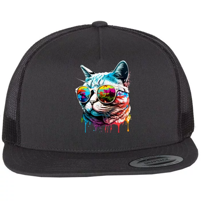 Cute Cat Motif Pop Art Cat Flat Bill Trucker Hat