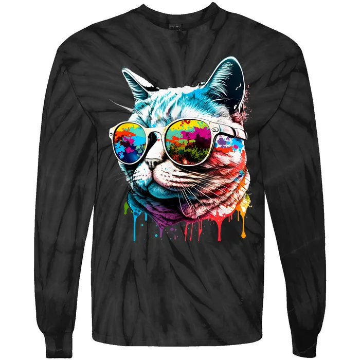 Cute Cat Motif Pop Art Cat Tie-Dye Long Sleeve Shirt