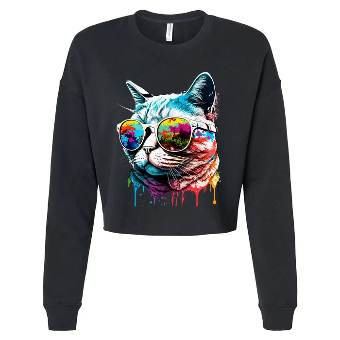 Cute Cat Motif Pop Art Cat Cropped Pullover Crew