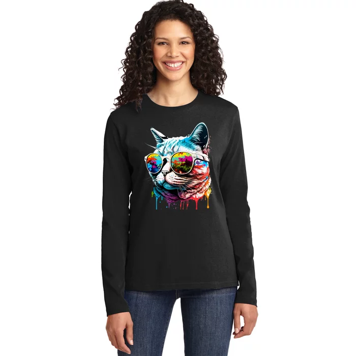 Cute Cat Motif Pop Art Cat Ladies Long Sleeve Shirt