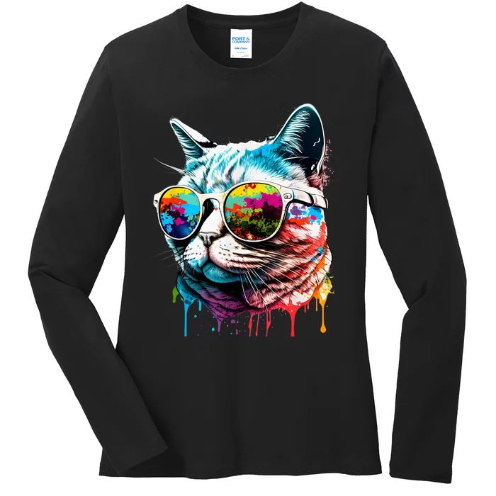 Cute Cat Motif Pop Art Cat Ladies Long Sleeve Shirt