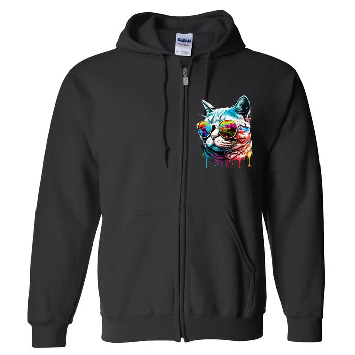 Cute Cat Motif Pop Art Cat Full Zip Hoodie