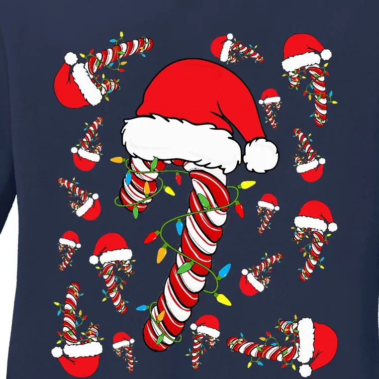 Candy Cane Merry and Bright Red and White Funny Christmas Ladies Long Sleeve Shirt