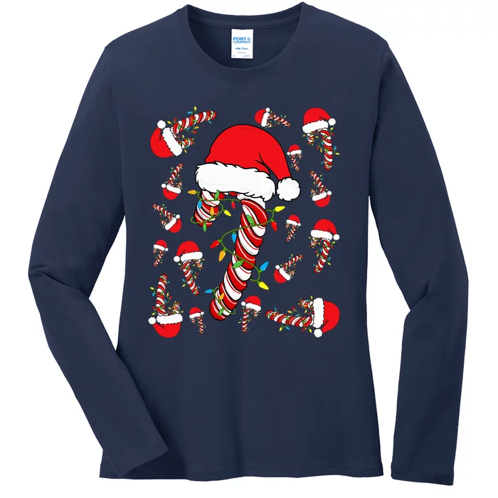 Candy Cane Merry and Bright Red and White Funny Christmas Ladies Long Sleeve Shirt