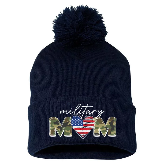 Cute Camouflage Military Mom American Flag Heart Pom Pom 12in Knit Beanie