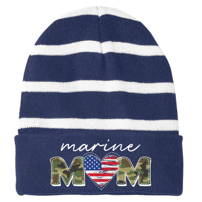 Cute Camouflage Marine Mom American Flag Heart Striped Beanie with Solid Band