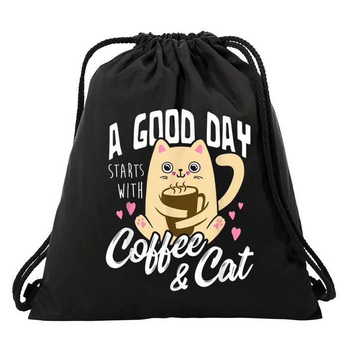 Cat & Coffee Mug Funny Cat Lover Gift Drawstring Bag