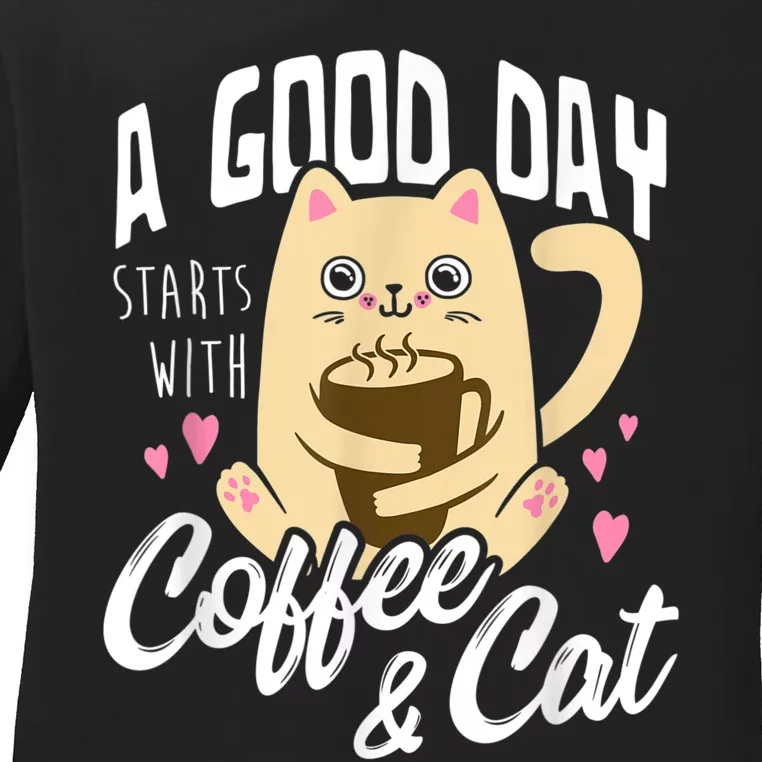 Cat & Coffee Mug Funny Cat Lover Gift Ladies Long Sleeve Shirt