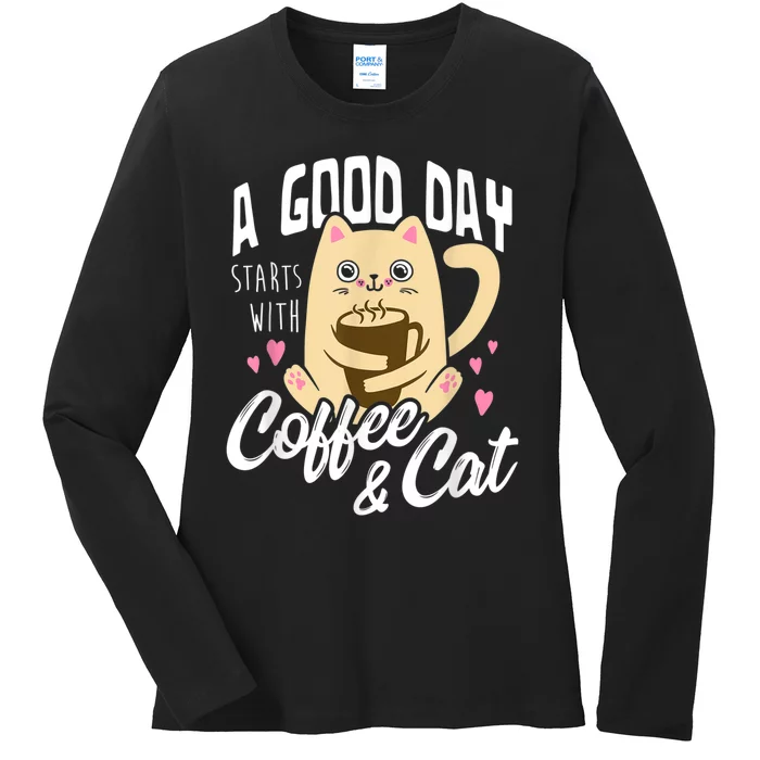 Cat & Coffee Mug Funny Cat Lover Gift Ladies Long Sleeve Shirt