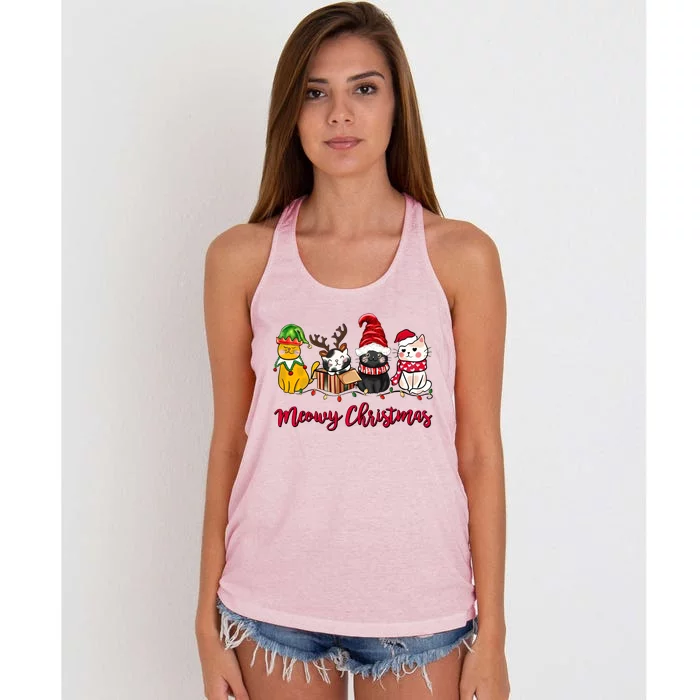 Cute Cats Meowy Christmas Graphic Merry Cat Lovers Xmas Gift Women's Knotted Racerback Tank