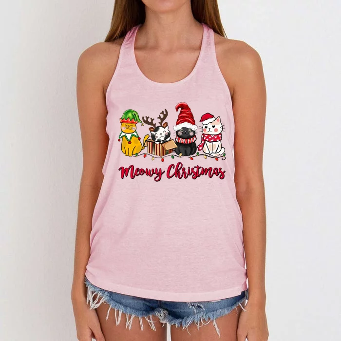 Cute Cats Meowy Christmas Graphic Merry Cat Lovers Xmas Gift Women's Knotted Racerback Tank