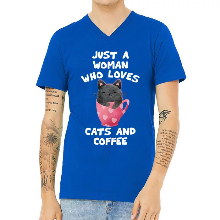 Cat Coffee Mug Just A Who Loves Cats And Coffee Gift V-Neck T-Shirt