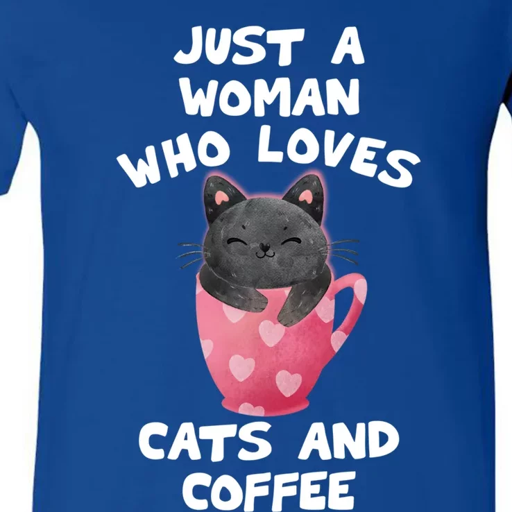 Cat Coffee Mug Just A Who Loves Cats And Coffee Gift V-Neck T-Shirt