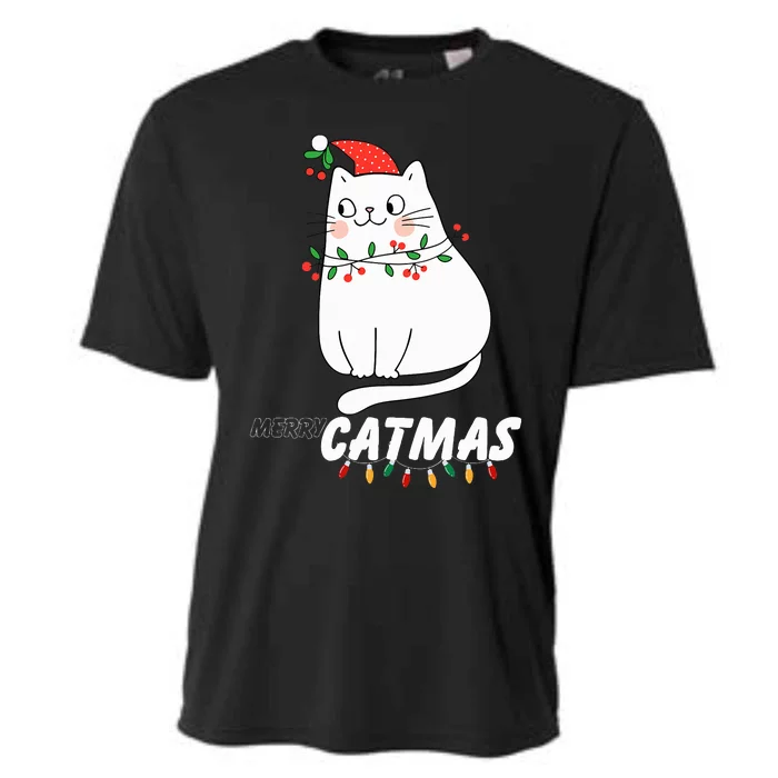 Cute Cat Merry Catmas Christmas Cat Lovers Santa Pajama Cooling Performance Crew T-Shirt