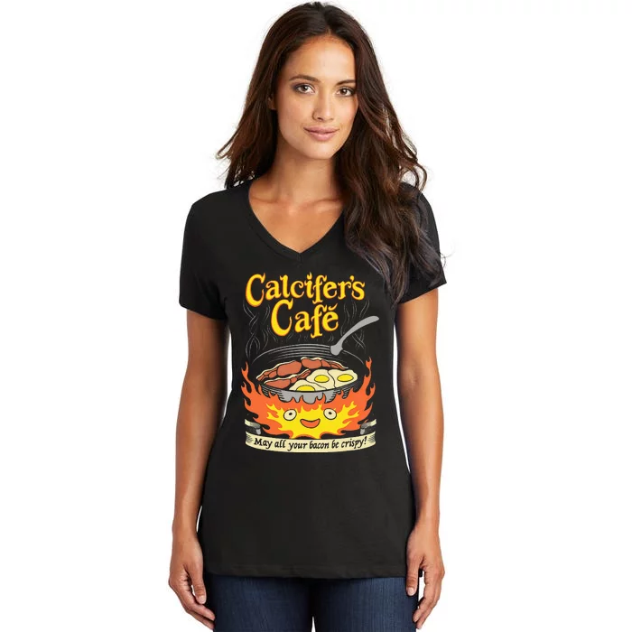 Calcifer's Cafe May All Your Bacon & Eggs Be Crispy Cooking Women's V-Neck T-Shirt