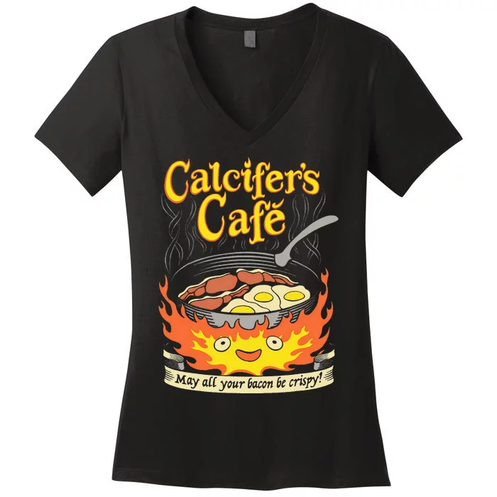 Calcifer's Cafe May All Your Bacon & Eggs Be Crispy Cooking Women's V-Neck T-Shirt