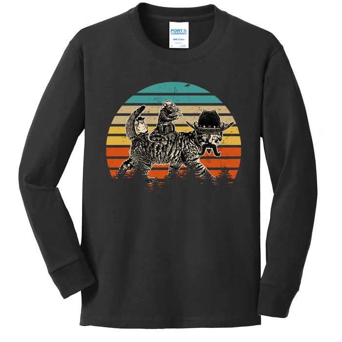 Cowboy Cat Meowdy Funny Cute Vintage Cat Kids Long Sleeve Shirt