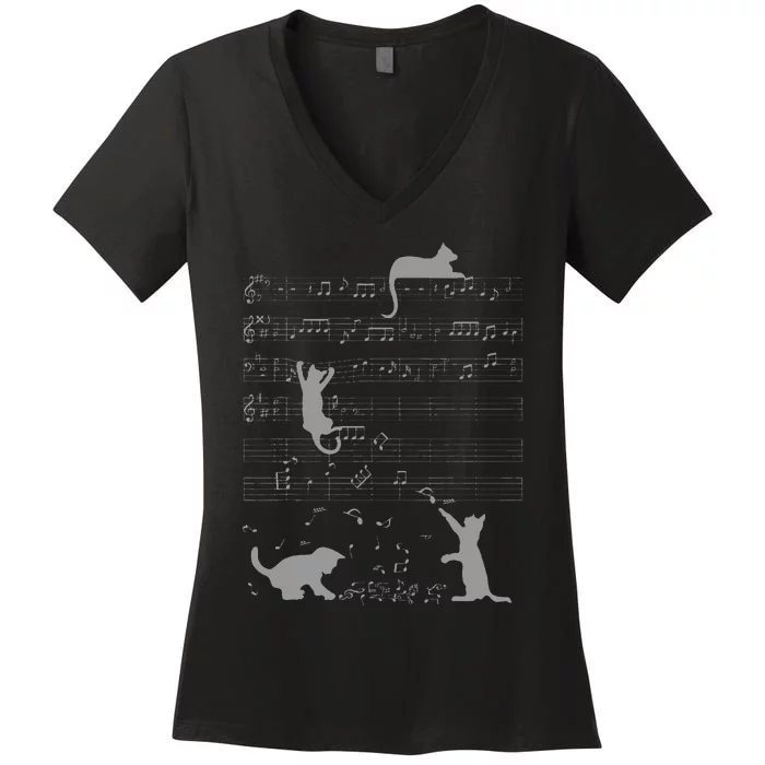 Cute Cats Music Notes Grey Musician Art Women's V-Neck T-Shirt