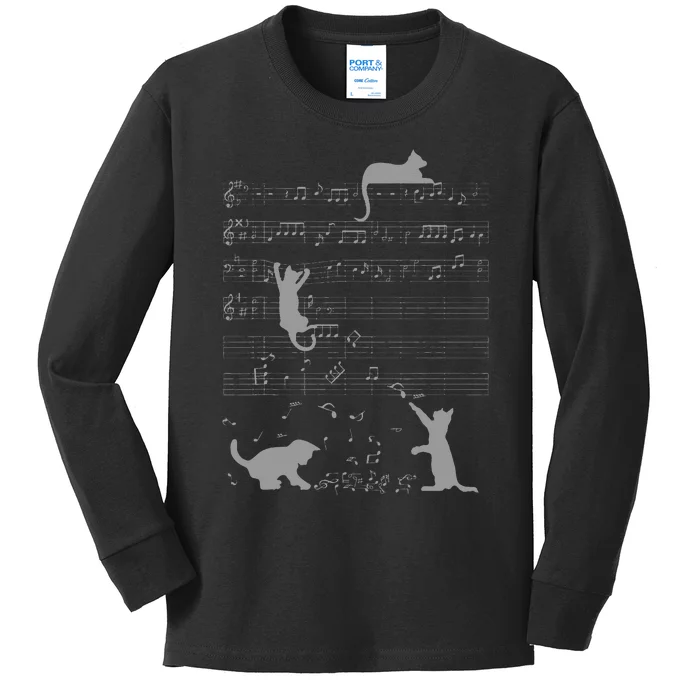 Cute Cats Music Notes Grey Musician Art Kids Long Sleeve Shirt