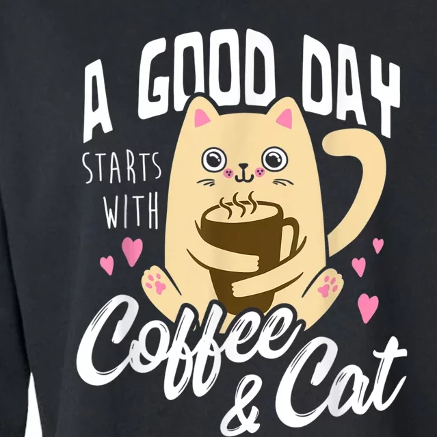 Cat & Coffee Mug Funny Cat Lover Gift Cropped Pullover Crew