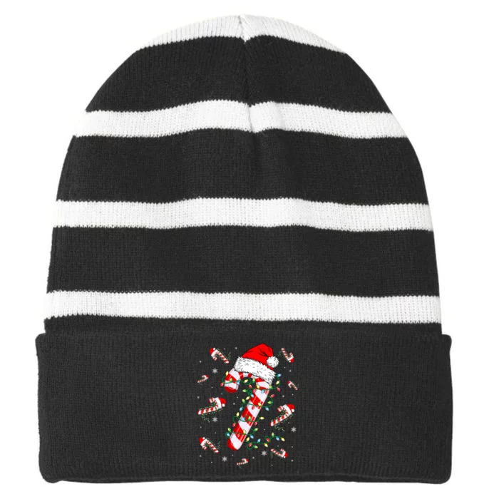 Candy Cane Merry And Bright Red White Lights Christmas Striped Beanie with Solid Band