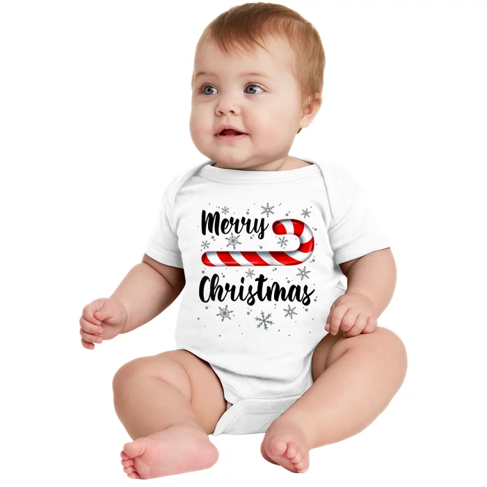 Candy Cane Merry Christmas Red And White Candy Snowflakes Raglan Baseball Baby Bodysuit