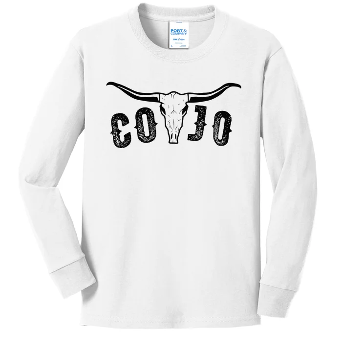 Cojo Country Music Cow Skull, Western Bull Skull Kids Long Sleeve Shirt