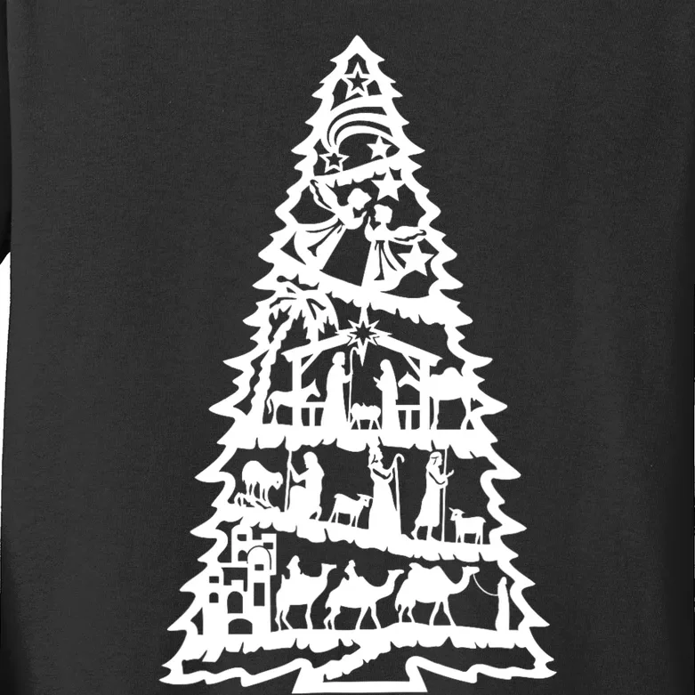 Christian Christmas Nativity Scene Xmas Tree Kids Long Sleeve Shirt