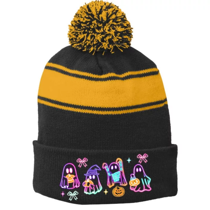 Cute Colorful Neon Boo Ghost Halloween Spooky Season Stripe Pom Pom Beanie