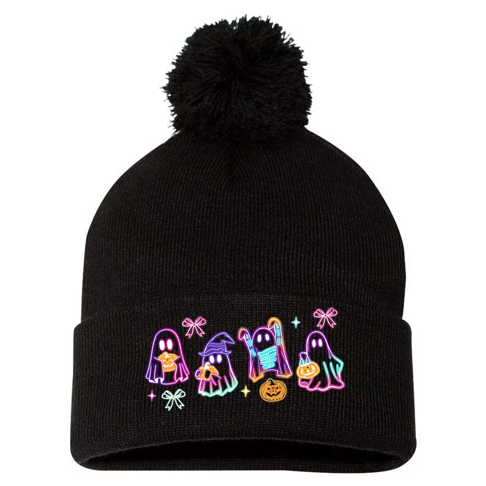 Cute Colorful Neon Boo Ghost Halloween Spooky Season Pom Pom 12in Knit Beanie