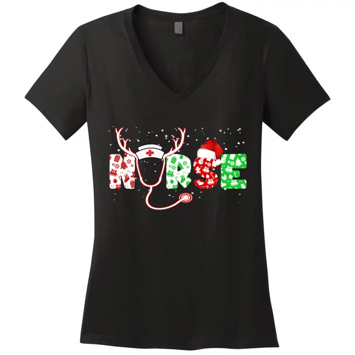 Cute Christmas Nurse Logo Women's V-Neck T-Shirt