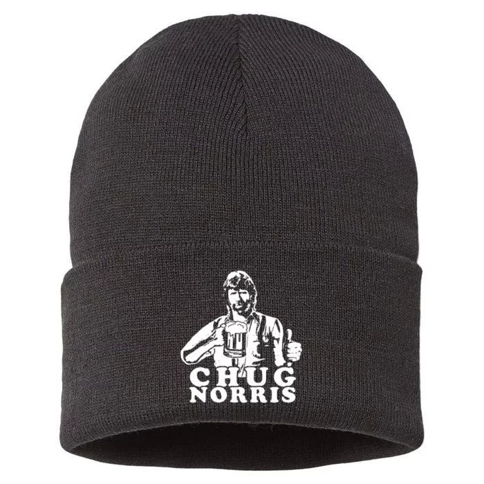 Chug Chuck Norris Funny Beer Drinking Hilarious Party 80s 90s Movie Sustainable Knit Beanie