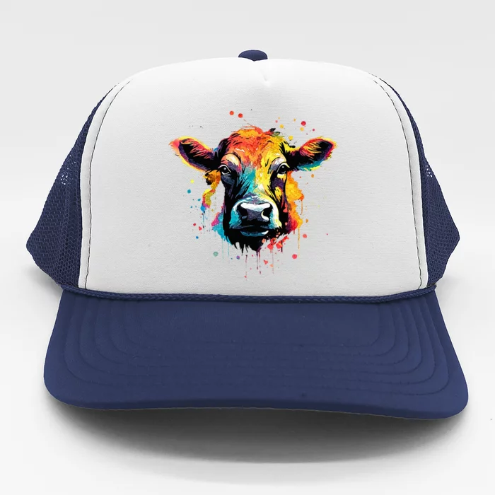 Cool Cow On Colorful Painted Cow Trucker Hat