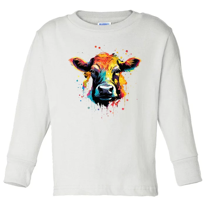 Cool Cow On Colorful Painted Cow Toddler Long Sleeve Shirt