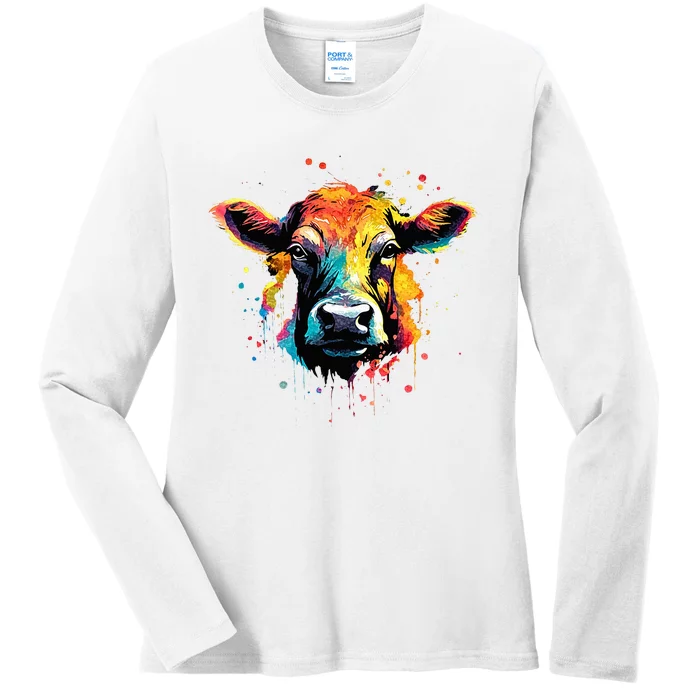 Cool Cow On Colorful Painted Cow Ladies Long Sleeve Shirt