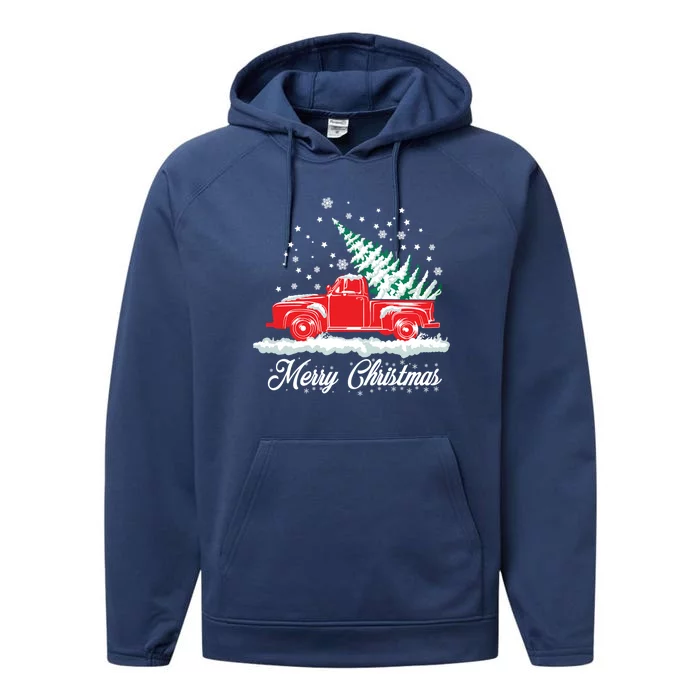 Christmas Classic Old Red Truck Vintage Pick Up Xmas Tree Gift Performance Fleece Hoodie