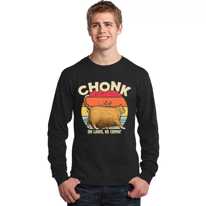 Chonk Cat Oh Lawd He Comin Funny Cat Meme Vintage Style Tall Long Sleeve T-Shirt